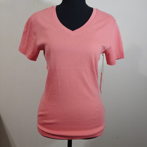 Three Dots V Neck Solid Short Sleeve T Shirt Peach Blossom - Picture 1 of 7